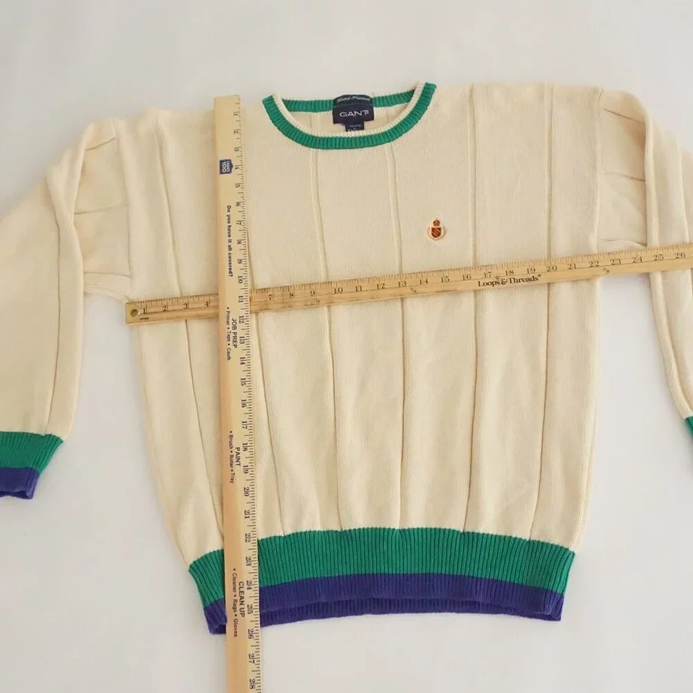 Gant Cream Cotton Ribbed Knit Sweater Green Trim Preppy Collegiate Old Money L - Picture 3 of 9